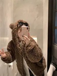 5223#软糯可爱熊耳朵连帽开衫秋冬羊羔绒韩系外套上衣