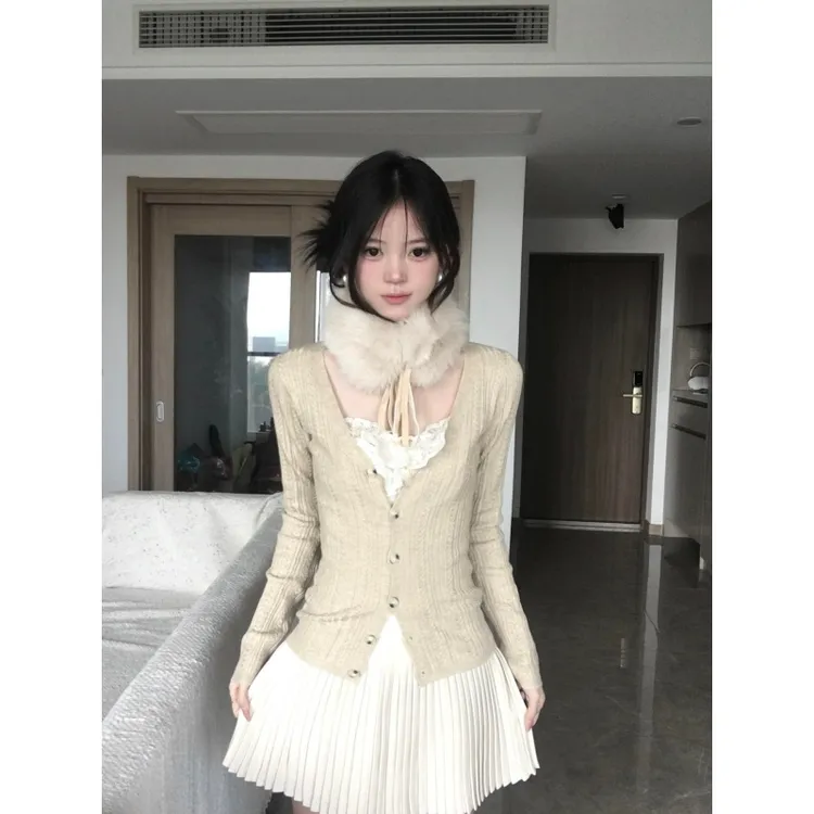 纯欲风长袖针织开衫小外套内搭吊带背心女装冬季包臀半身裙三件套