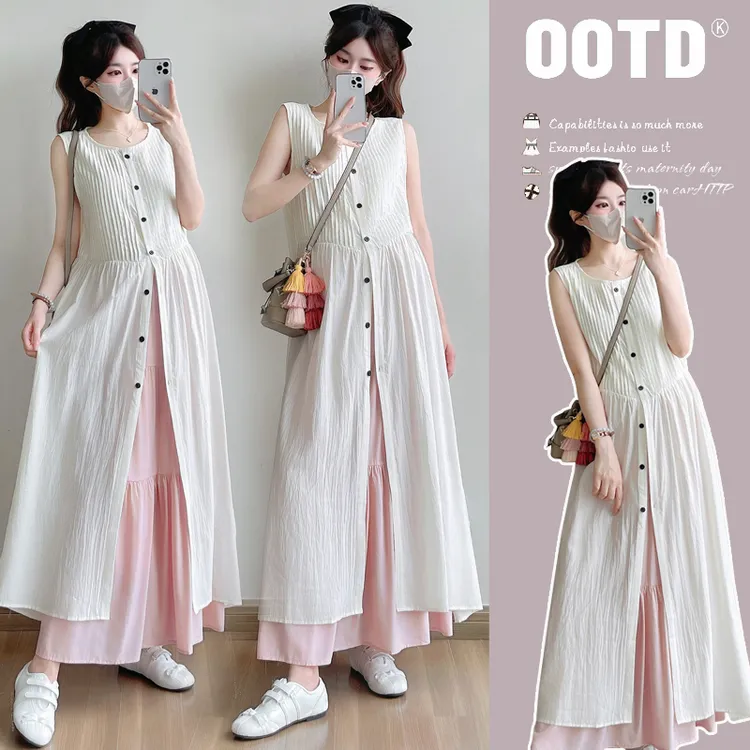 孕妇小个子夏装连衣裙2025新款显瘦无袖压褶叠穿高级感背心裙夏季