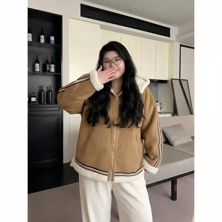 花契“圆圆年糕”大码女装冬季百搭200斤胖mm时尚毛茸茸外套16634-X