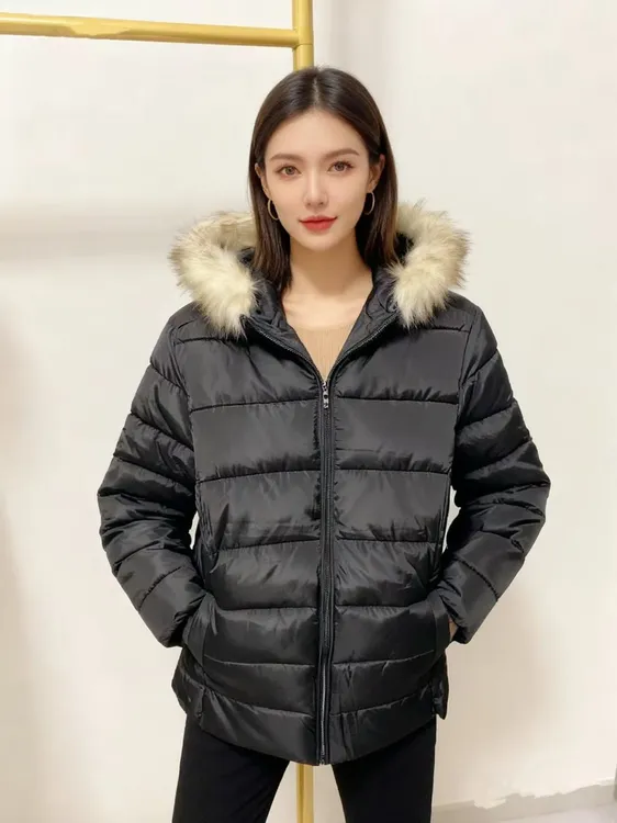 毛领秋冬加厚女款欧美风宽松型常规中款连帽 一体棉可机洗