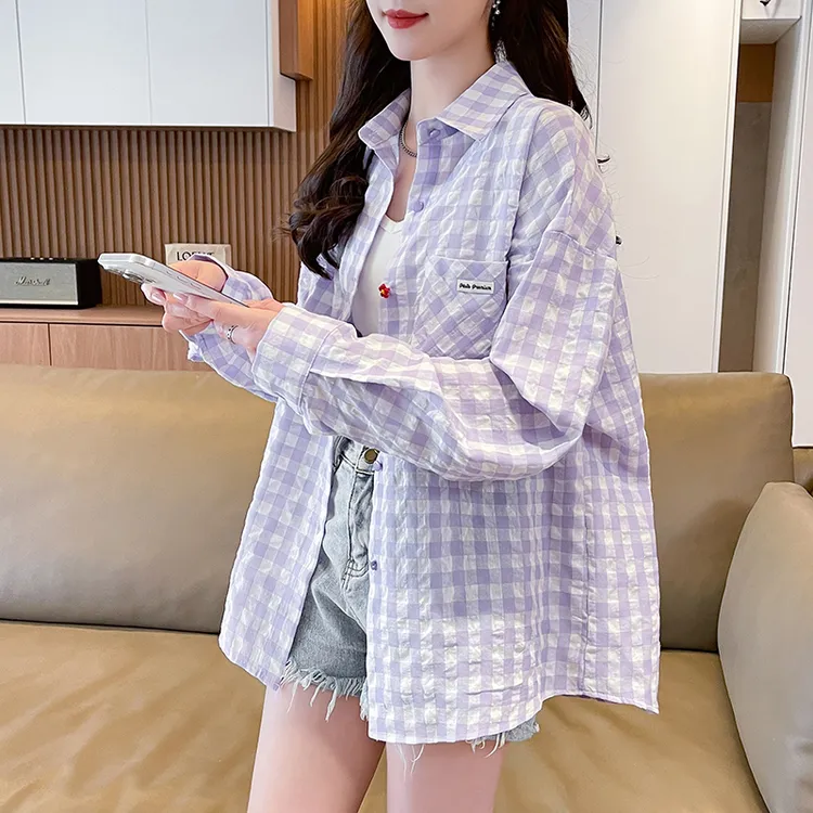 慵懒皱褶格子长袖衬衫女夏季新款初高中学生薄款休闲外搭防晒上衣