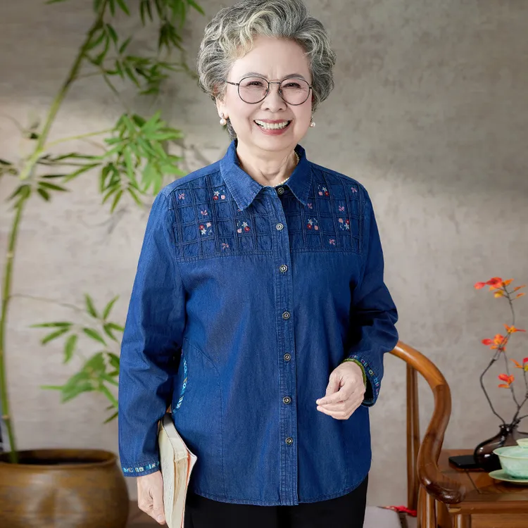 中老年人妈妈春夏长袖纯棉衬衫奶奶夏季全棉牛仔衬衣小衫婆婆衣服