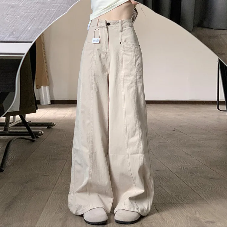 美式工装阔腿牛仔裤女2025秋季新款高腰宽松显瘦米杏色直筒休闲裤