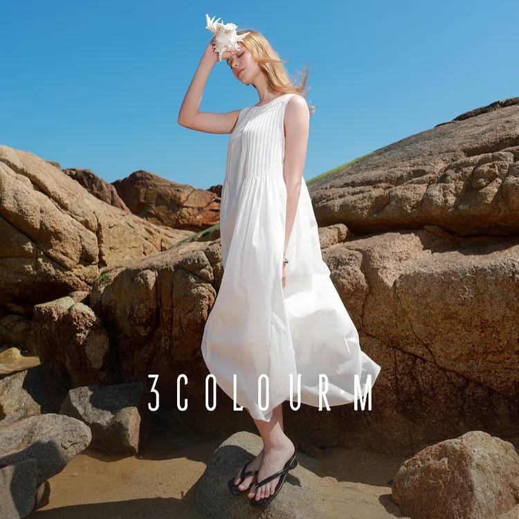 三彩2025夏季新款肌理感小白裙无袖连衣裙A字裙背心裙长裙Mdbx