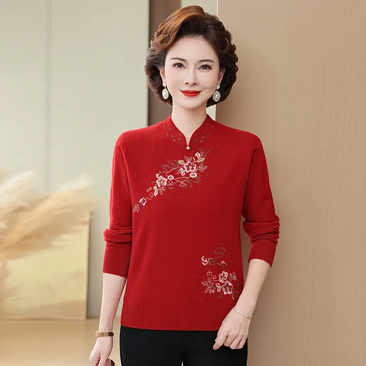 100%纯羊毛衫中老年女装毛衣妈妈秋冬羊毛打底衫洋气旗袍领针织衫