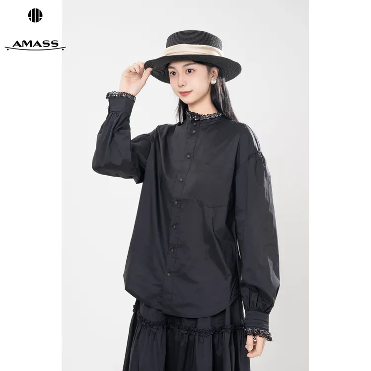 AMASS/阿玛施秋季新款千金风气质时尚温柔小立领单排扣衬衫530115