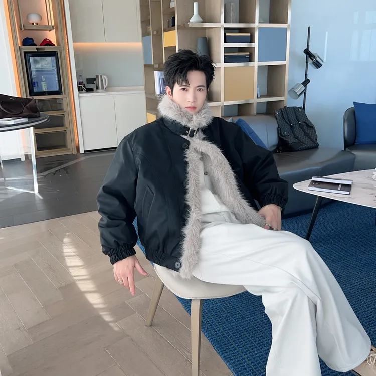 皮毛一体冬季大毛领座山雕夹棉加厚棉衣外套男款cleanfit棉服夹克