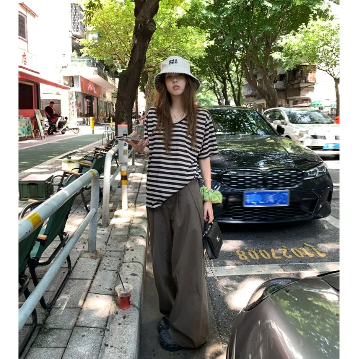 2025夏季新款复古薄款宽松条纹短袖T恤高腰工装休闲裤时尚套装女
