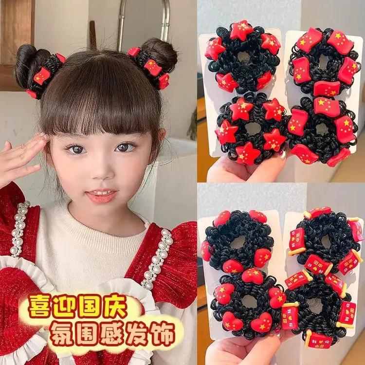 女童国旗中国红假发圈小女孩红色喜庆中国风双丸子头发圈俏皮发饰