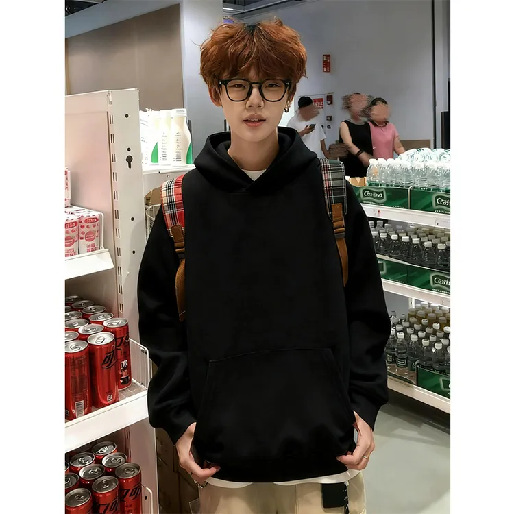 黑色cleanfit连帽卫衣男款秋季美式高街重磅硬挺帽衫boxy短款外套