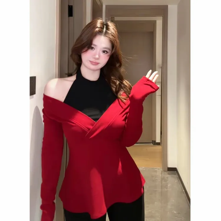 大码胖MM新年红色挂脖假两件打底T恤女秋冬新款独特漂亮洋气上衣