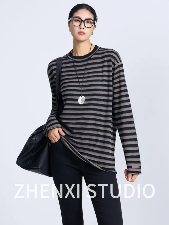 ZHENXI【慵懒长款羊毛衫】高个子穿搭针织条纹套头毛衫25QDFZ0055