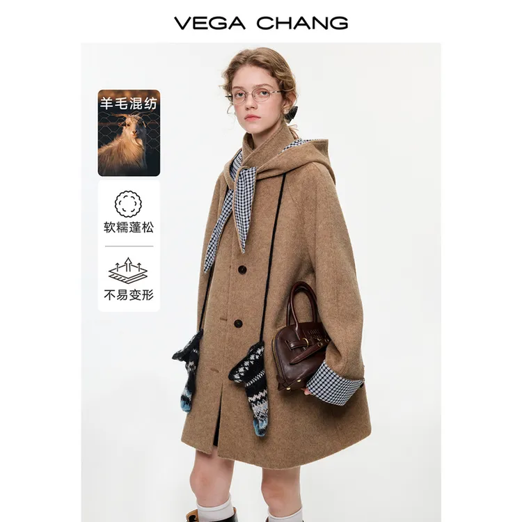 VEGACHANG【复古英伦】格纹可拆卸连帽羊毛呢大衣0642LW暖系穿搭
