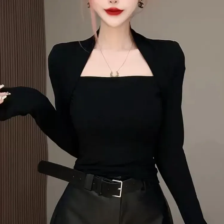 设计感方领长袖T恤女秋冬修身显瘦百搭打底小衫