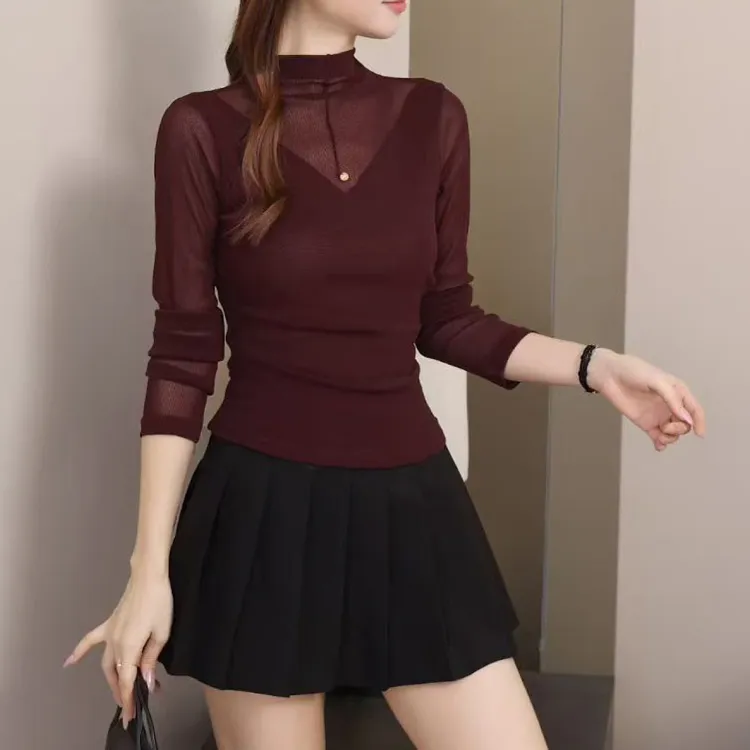 抗皱拼接打底衫秋季极简风T恤杂志风女士长袖秋冬