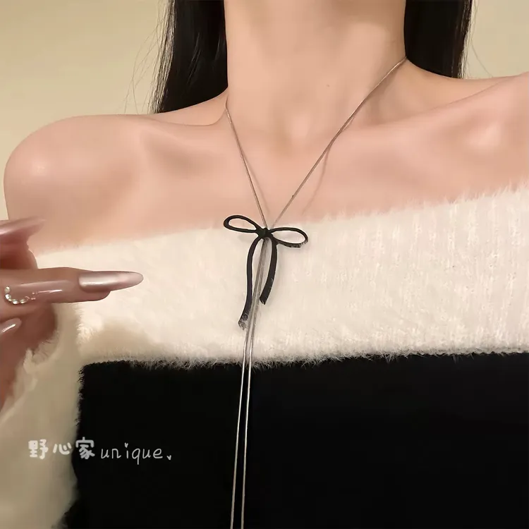 铜合金吊坠 【心尖悸动】韩系简约蝴蝶结吊坠项链长款抽拉锁骨链女
