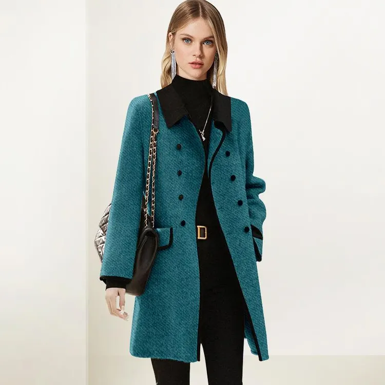 气质毛呢撞色大衣女2025年冬装新款小个子休闲中长款呢子百搭外套
