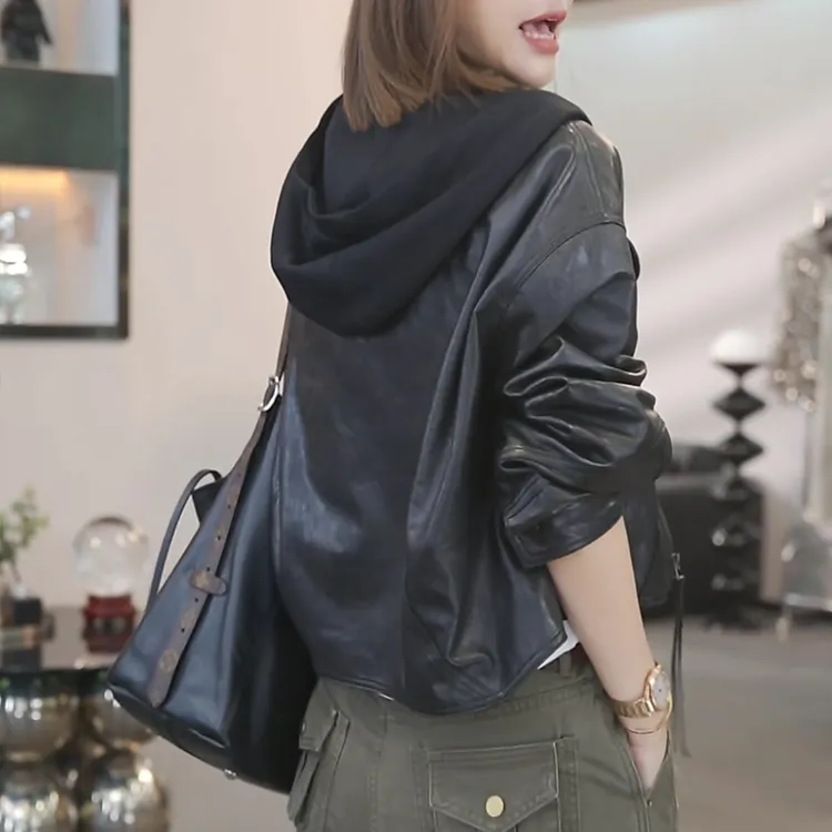 欧货时尚机车服夹棉短外套女2025秋冬新款连帽拼接设计感皮衣夹克