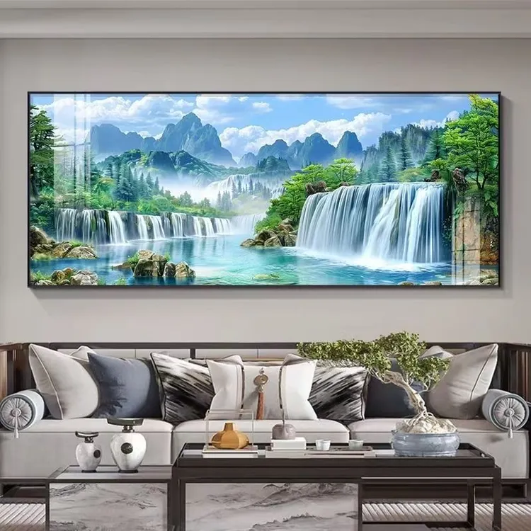 高端大气高山流水风景壁画客厅沙发背景墙高档装饰画晶瓷镶钻带灯