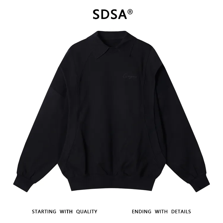 SDSA秋冬新款痞帅男装潮牌拼接刺绣字母双层翻领卫衣简约时尚上衣