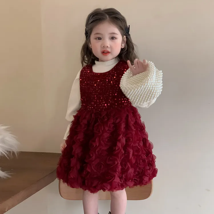 女童连衣裙套装秋冬2025新款儿童时尚红色玫瑰花亮片背心裙两件套