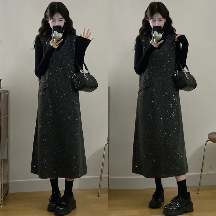 大码胖mm秋冬新款重工亮片设计感针织长款背心裙两件套装女