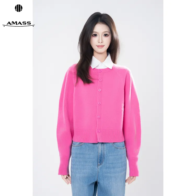 AMASS/阿玛施早秋新款圆领单排扣纯色针织衫女时尚经典百搭548033
