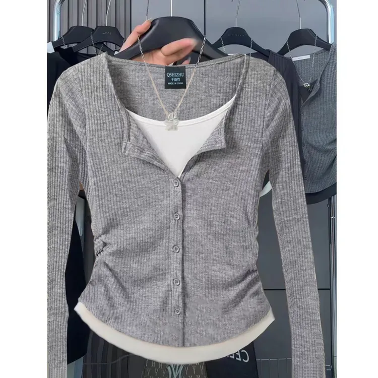 9238#休闲复古长袖t恤女秋冬季假两件正肩体恤遮肉显瘦上衣打底衫