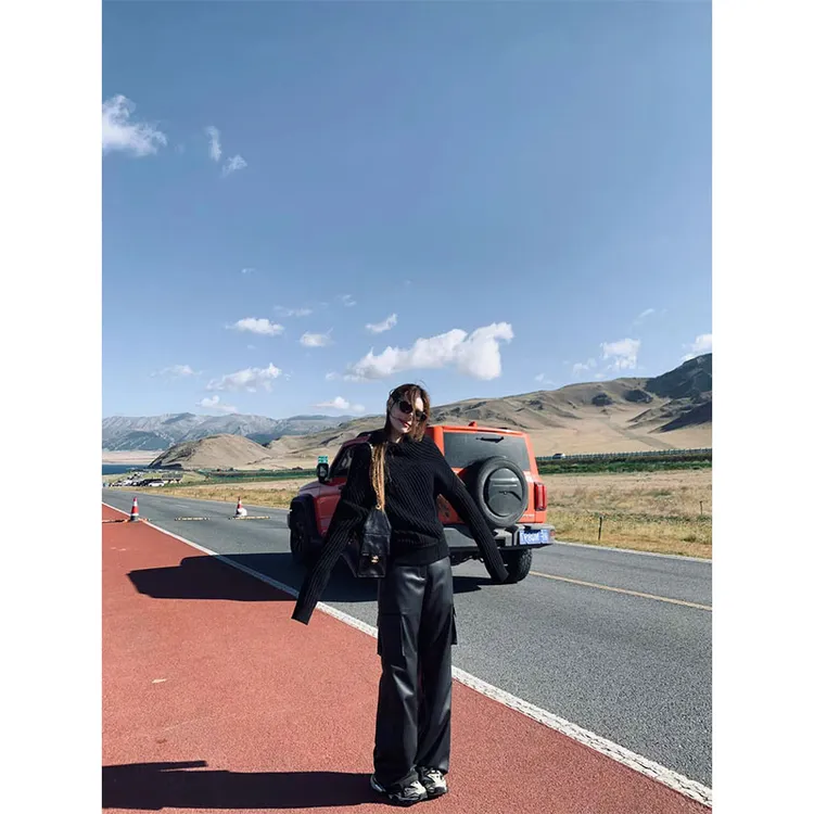 秋冬2025度假设计感小众洋气黑色长袖毛衣上衣高腰垂感复古阔腿裤