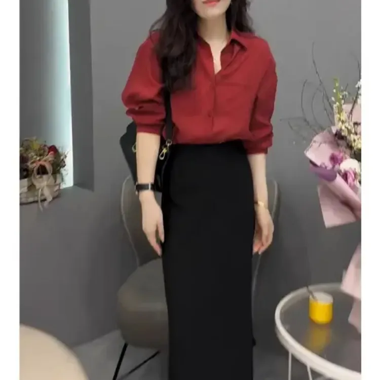 时尚套装裙女2025春秋新款减龄翻领红色长袖衬衫高腰半身裙两件套