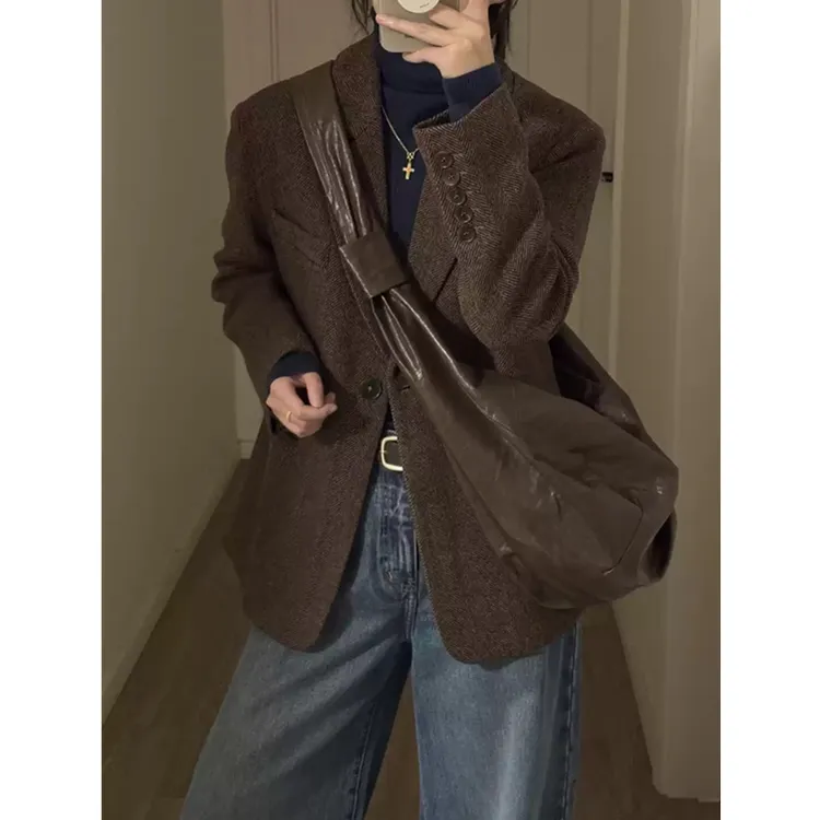 美拉德人字纹2025秋装新款小个子高级感西装外套气质韩系呢子大衣