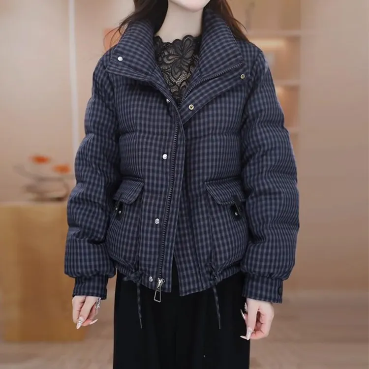 韩版休闲格纹棉衣女冬季新款时尚减龄小个子气质百搭宽松显瘦外套