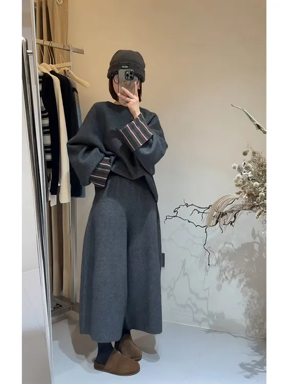 秋冬季时尚气质新款韩系休闲慵懒风宽松气质上衣休闲显瘦阔腿裤女