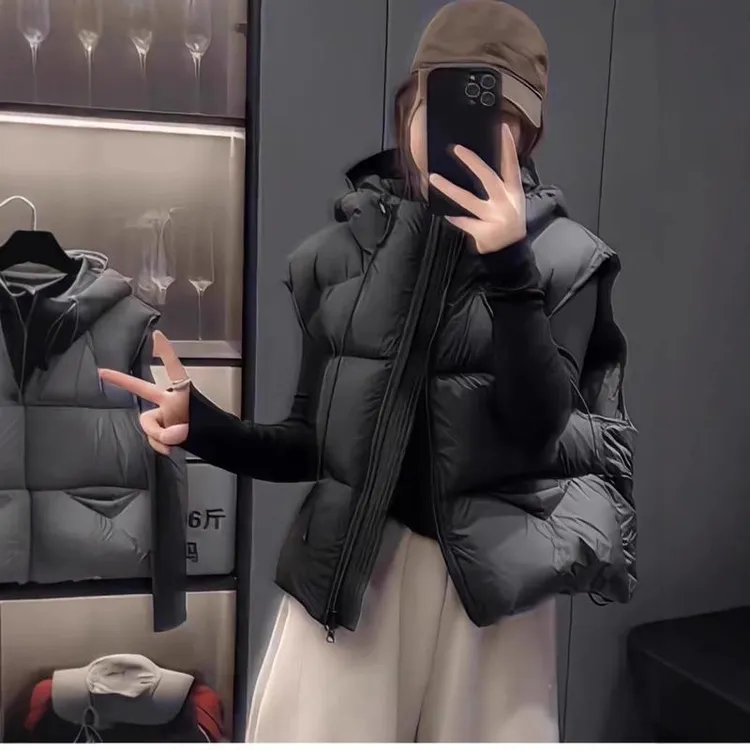 马甲女秋冬外穿连帽时尚黑色小个子短棉服加厚保暖高级感坎肩马夹