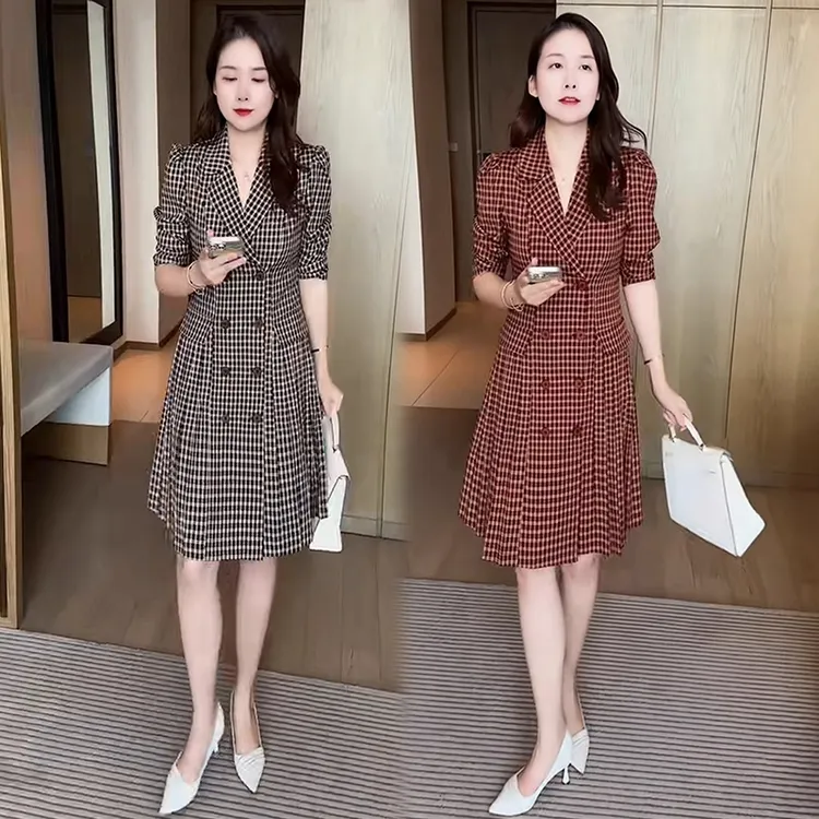 时尚复古格子连衣裙女2025秋季新款气质显瘦中长款修身职业西装裙