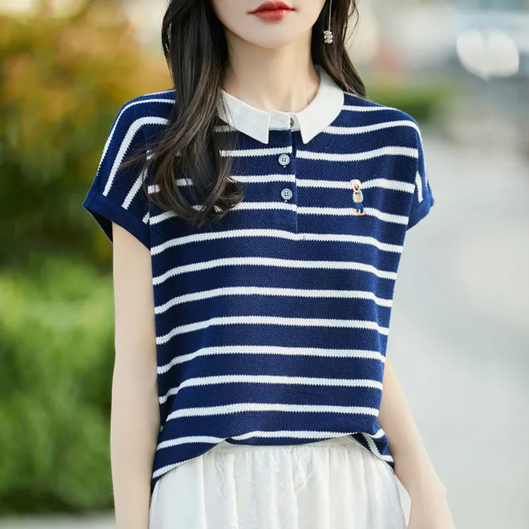 宽松短款常规袖条纹短袖针织POLO衫休闲洋气韩版新款女士翻领上衣