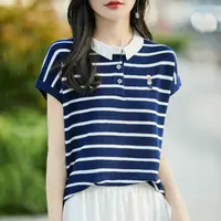 小熊·精纺时尚小熊刺绣条纹娃娃领短袖针织衫