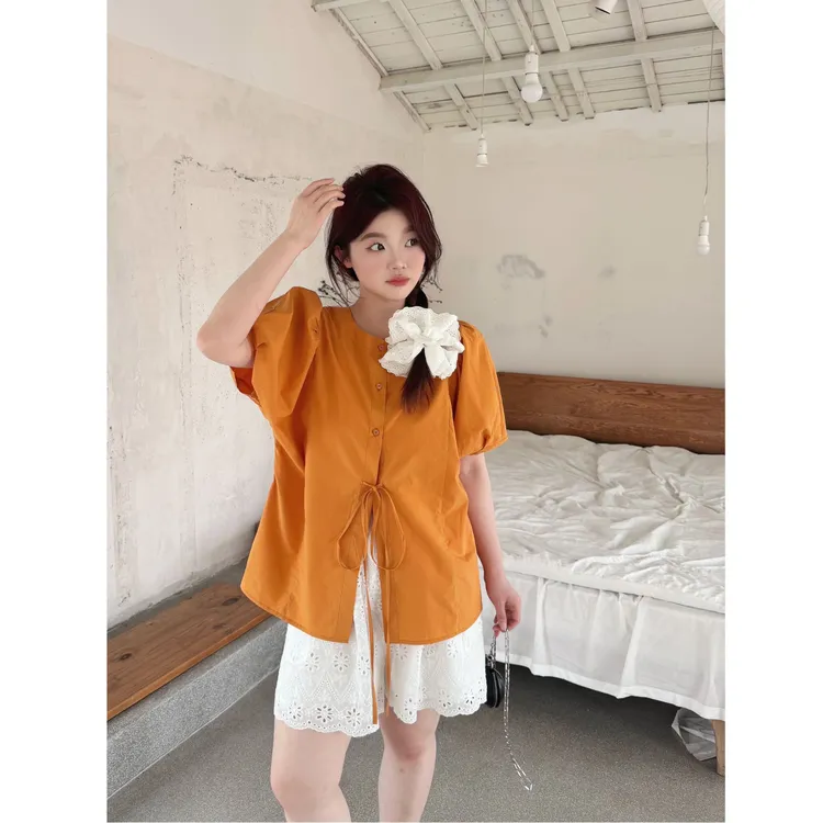 晶咕【琥珀少女】设计感前后两面穿纯色圆领短袖泡泡袖上衣