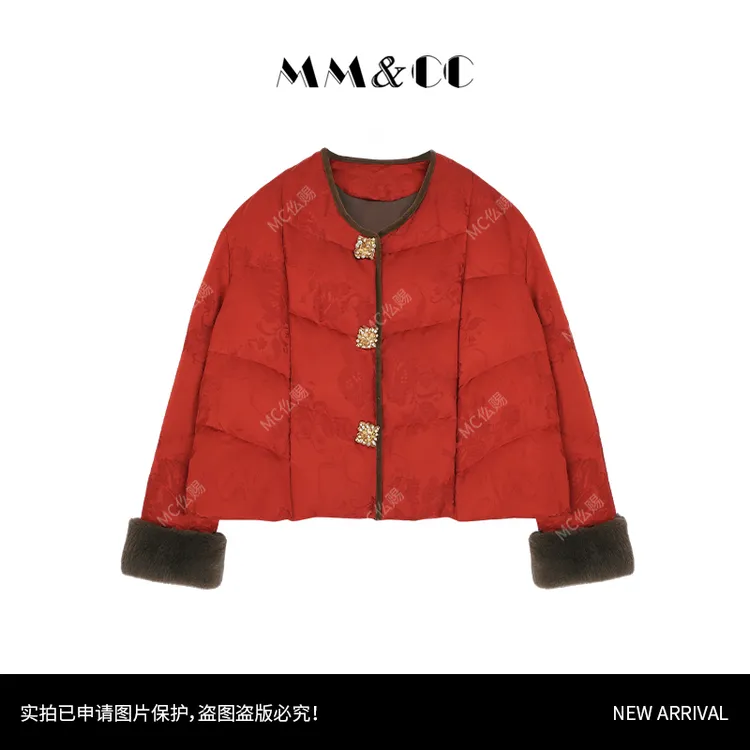 【惊喜】新中式红色短款羽绒服女冬季拼接獭兔毛唐装厚外套F9978