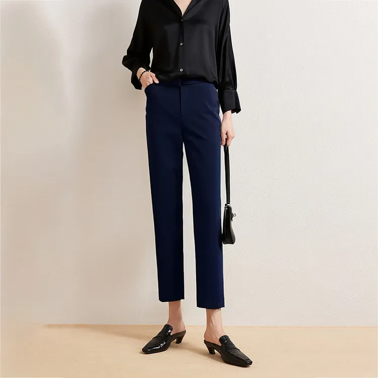 藏青色裤子女高腰直筒显瘦四面弹裤子女款爆款2025新款西装裤