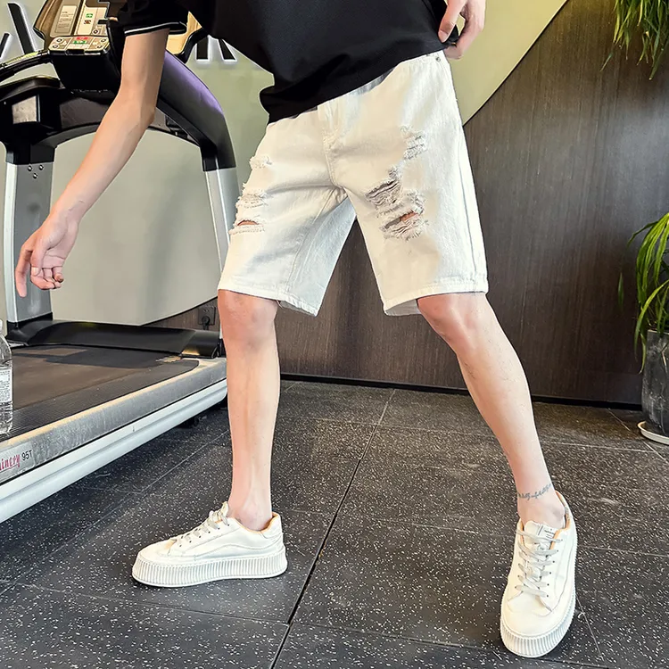 白色牛仔短裤男是夏季薄款破洞高街直筒中裤子2025新款五分裤衩子