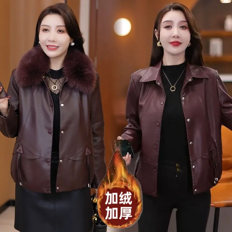 冬季加绒短款妈妈皮夹克外套2025休闲宽松时尚洋气女士小个子皮衣