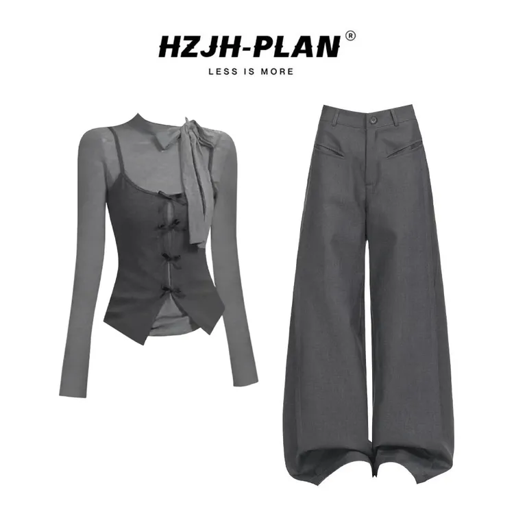 【现货秒发】韩系轻熟风蝴蝶结灰色假两件吊带长袖上衣休闲裤两件套