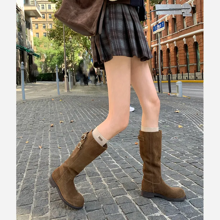 牛皮版~2025新款复古磨砂皮带扣粗跟骑士靴女圆头粗跟不过膝长靴