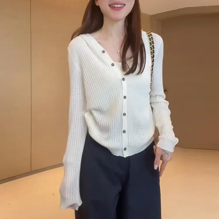 时尚连帽针织开衫女士长袖上衣外套2025新款秋季内搭显瘦镂空毛衣