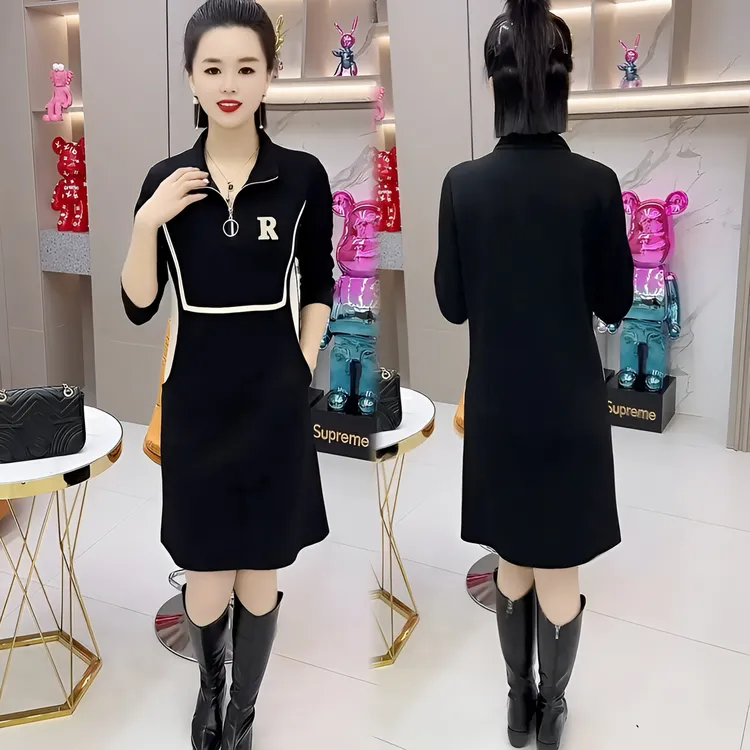 雅丹连衣裙洋气百搭显瘦气质polo裙时尚休闲减龄修身黑色中长款