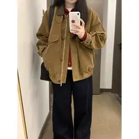 美式棕色麂皮绒外套女秋季新款复古巴恩风宽松休闲工装棒球服夹克