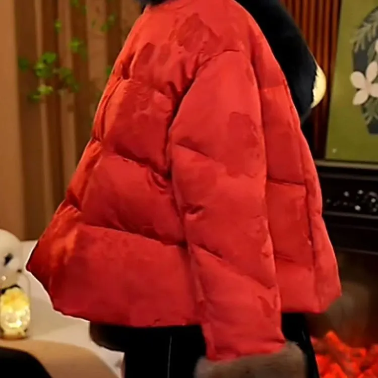 时尚复古新中式国风花领拼接保暖外套冬季气质