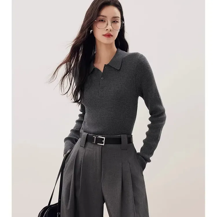 灰色polo领长袖针织衫女2025秋季新款高级感修身内搭翻领打底上衣